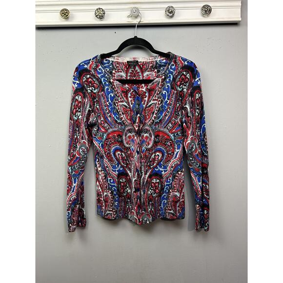Talbots Sweater Womens Medium Red Blue‎ Black Paisley Pure Merino Wool Button Up - Picture 1 of 7